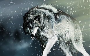 wolf during winter painting, wolf, snow, artwork, animals