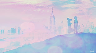 female and male on mountain top buildings background digital wallpaper, artwork, 5 Centimeters Per Second, anime, cityscape