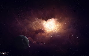 gray planet and brown nebula digital wallpaper, planet, 3D, stars