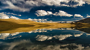 hill and body of water landscape, clouds, lake, water, sky