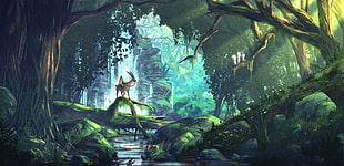 4-legged animal surrounded with trees painting, fantasy art, anime, forest, Princess Mononoke HD wallpaper