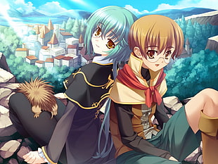 closeup photo of two anime character sitting smiling graphic wallpaper