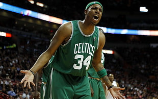 green and white Celtics 34 basketball jersey HD wallpaper