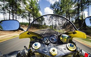 black and yellow motorcycle, motorcycle, vehicle, road, blurred HD wallpaper