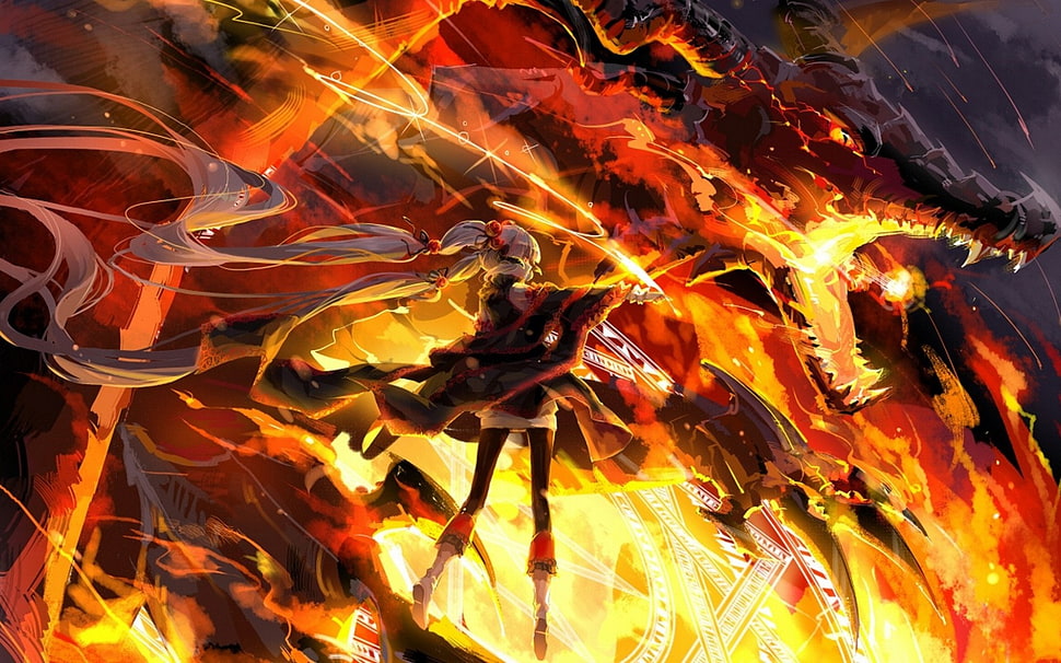 flaming dragon and woman character scene HD wallpaper
