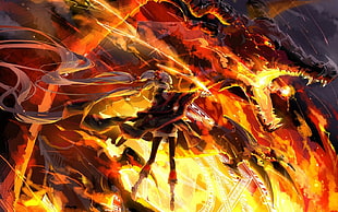 flaming dragon and woman character scene