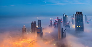 high-rise buildings covered by fog under blue sky