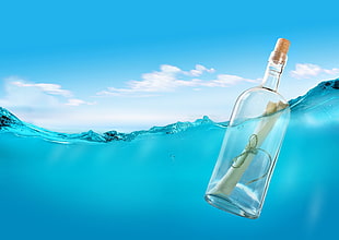 clear glass impossible bottle, bottles, cork, paper, underwater HD wallpaper