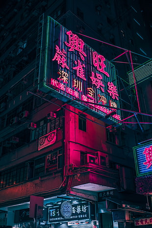 red neon light kanji signage on street