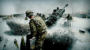 soldier holding canyon cartridge paintig, army, artillery, Howitzer, weapon HD wallpaper