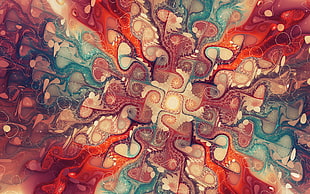 red, blue, and white floral illustration, fractal, abstract, artwork