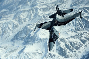 black and gray camouflage fighter jet on midair