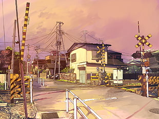 illustration of houses, city, anime, railway crossing, artwork
