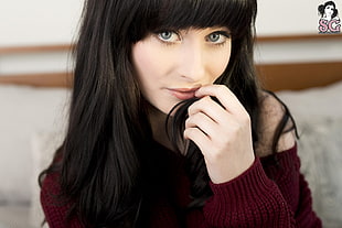 women's maroon long-sleeved top, Suicide Girls, blue eyes, black hair, sweater