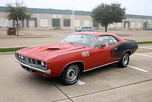 red coupe, car, muscle cars, Hemi Cuda, Plymouth