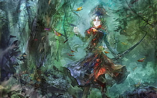 green haired anime girl on the woods painting