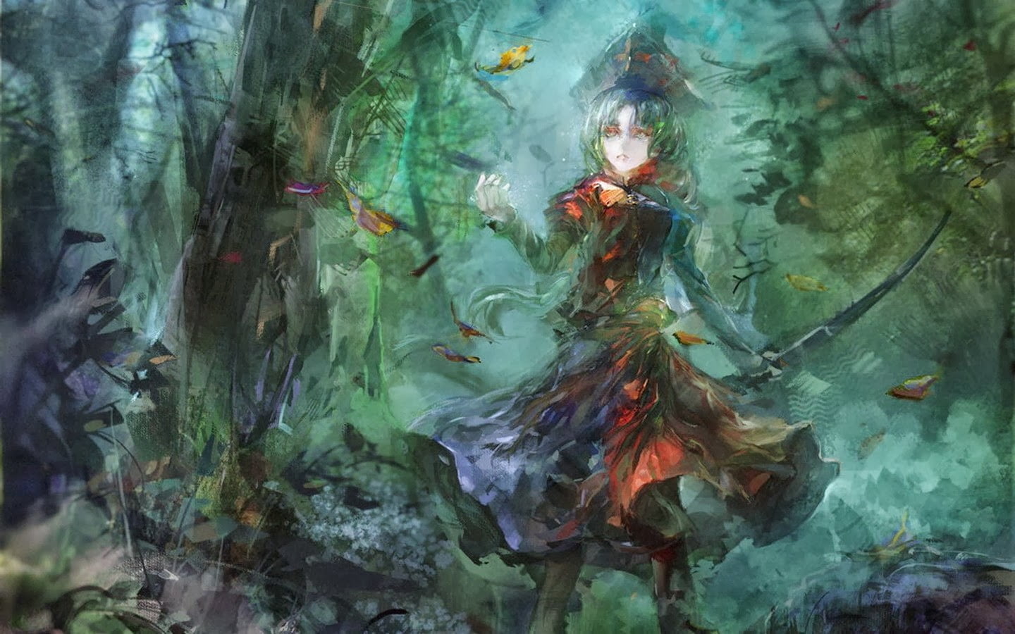 Green haired anime girl on the woods painting HD wallpaper