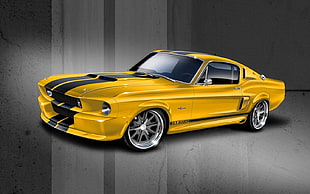 yellow Ford Mustang coupe illustration, car