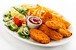 chicken, french fries, cucumber, with dipping sauce