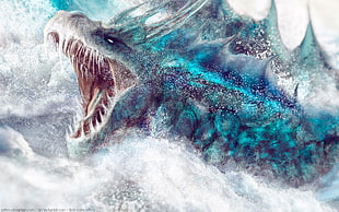 brown sea monster digital wallpaper, artwork, abyssal, dragon, water