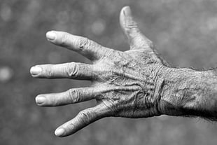 grayscale selective focus photo of left human hand
