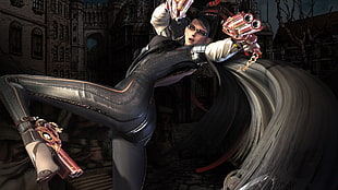 female holding two guns animated digital wallpaper, Bayonetta, video games