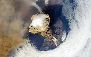 aerial photography of volcanic eruption, Earth, explosion, sky, clear sky