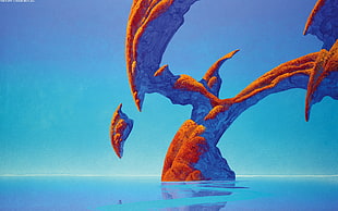 brown and blue rock formation illustration, Roger Dean, rock formation, fantasy art