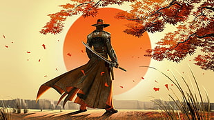 man holding sword digital wallpaper, sword, Sun, katana