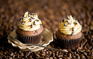 close up photo of cupcake on top of bed of coffeebeans