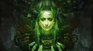 graphic wallpaper of woman in green hair connected to machine HD wallpaper