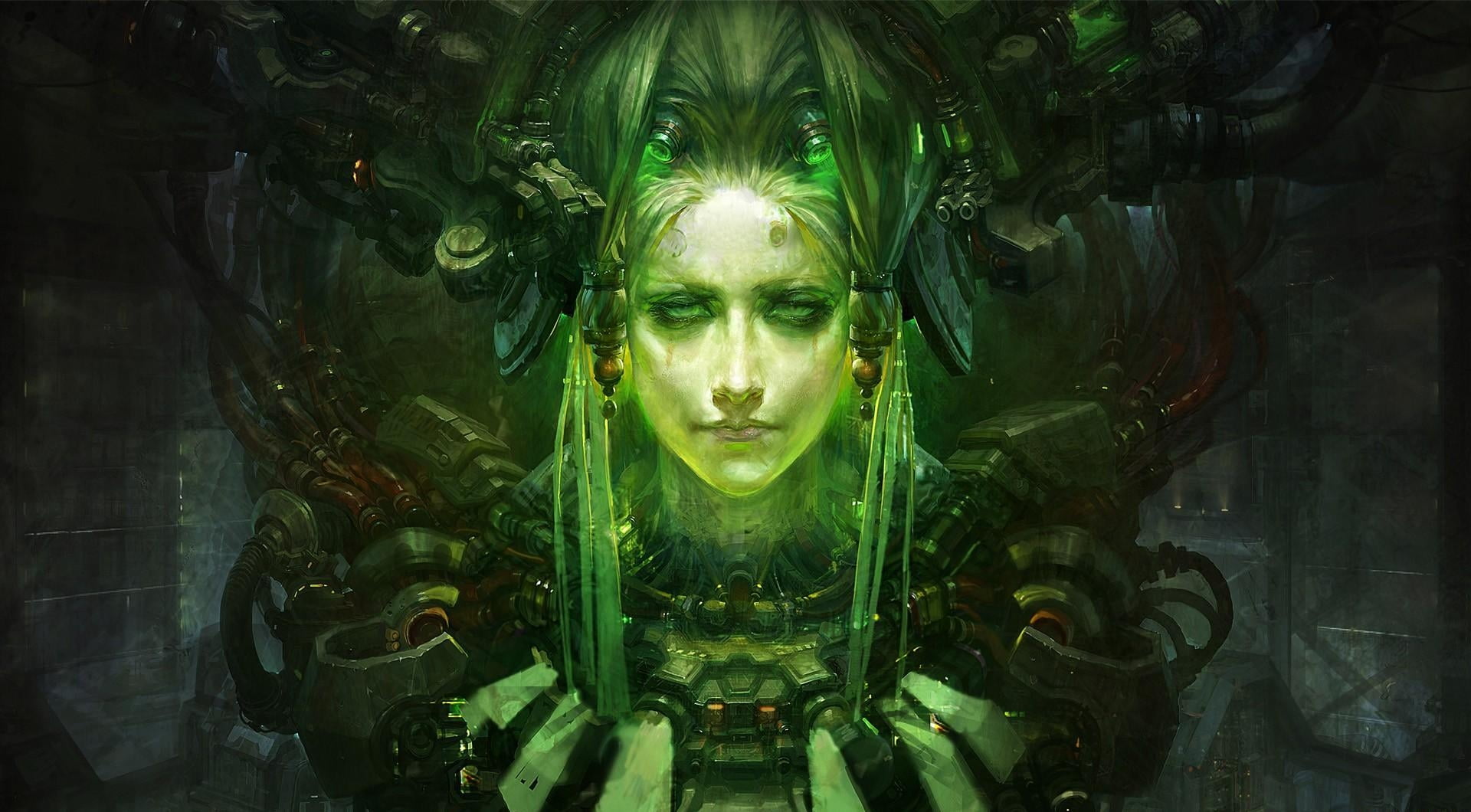 graphic wallpaper of woman in green hair connected to machine