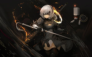 female anime character wearing black dress holding sword wallpaper, black dress, NieR, Nier: Automata, 2B (Nier: Automata)