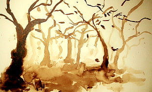 brown bare tree painting, painting, forest, watercolor