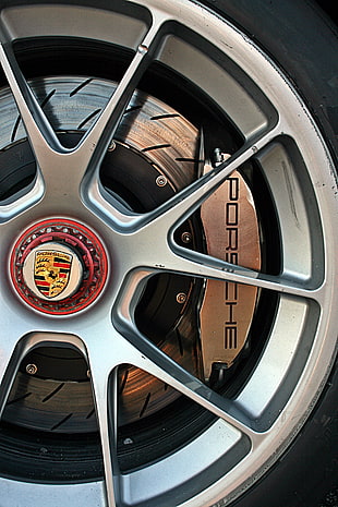 gray Porsche spoked vehicle wheel, Porsche, car, race cars, street