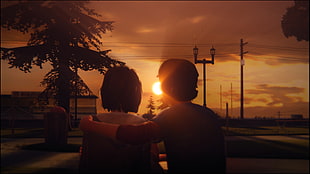 couple facing golden hour movie still screenshot, Life Is Strange, sunset, hugging