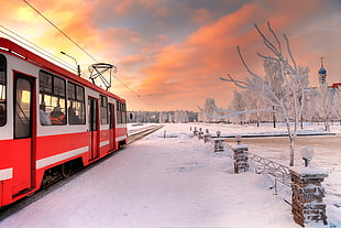 red and white train, St. Petersburg, winter, snow, vehicle