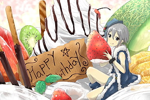 grey short haired anime character holding strawberry illustration