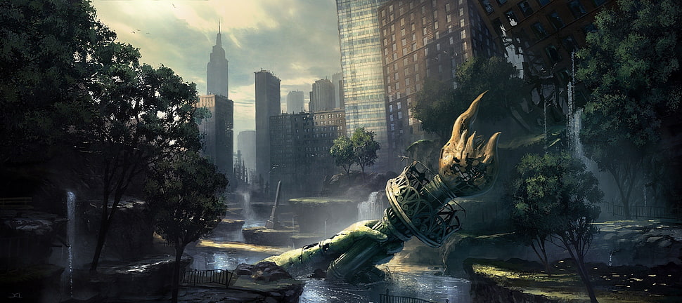 painting of drown Statue of Liberty and buildings HD wallpaper