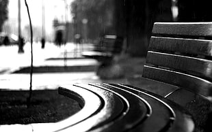 curved bench grayscale photo, photography, bench, monochrome, rain
