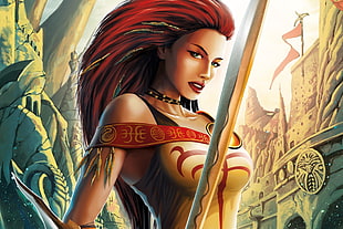 red haired lady holding a sword