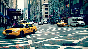 yellow sedan, street, traffic, New York City, taxi