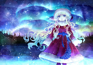 white haired female anime wallpaper, aurorae, winter, snow