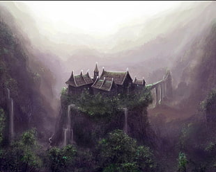 houses on mountain with bridge illustration, fantasy art, digital art, pixelated, artwork