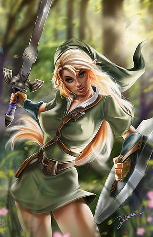 elf warrior with sword and shield and green dress