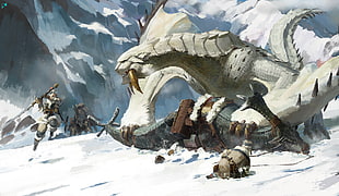 white monster illustration, Monster Hunter, heroic fantasy, dragon, snow
