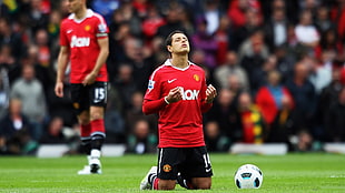 men's red and white Nike soccer jersey, Manchester United , Javier Hernandez, Chicharito, soccer