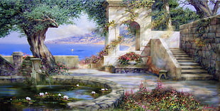 painting of white concrete staircase near body of water