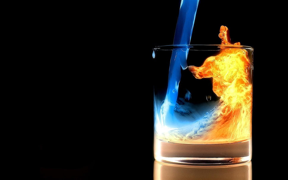 clear rock glass, abstract, liquid, drinking glass, fire HD wallpaper