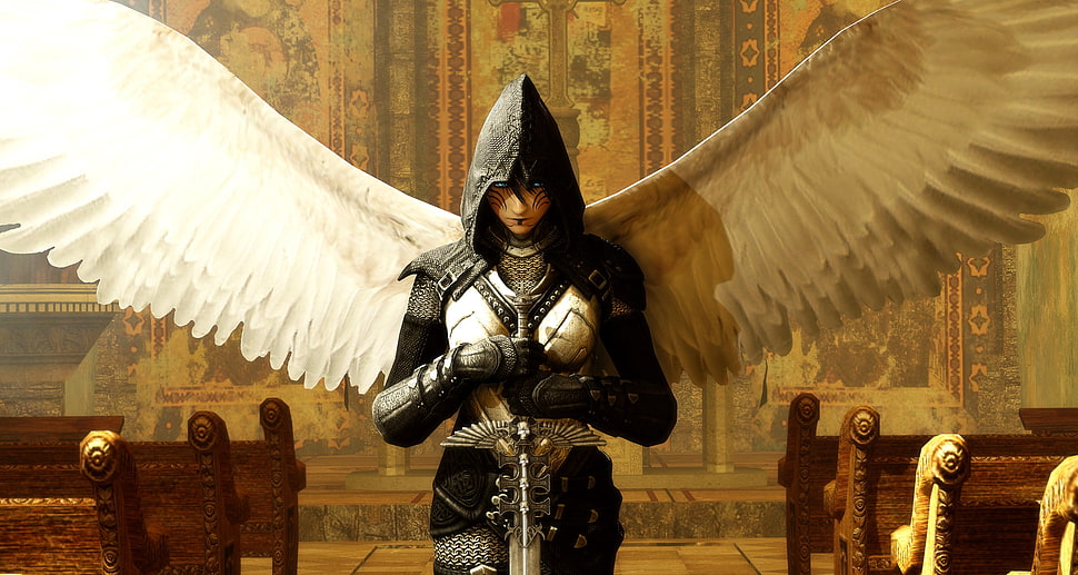black and white angel character illustration, fantasy art, sword, armor, wings HD wallpaper